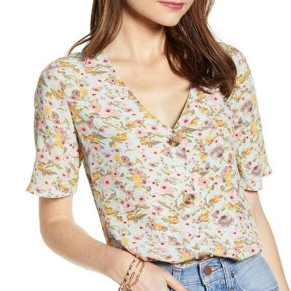 Something Navy Arielle Charnas Blue Floral Top Women's Size Large Button V-Neck - Picture 1 of 8